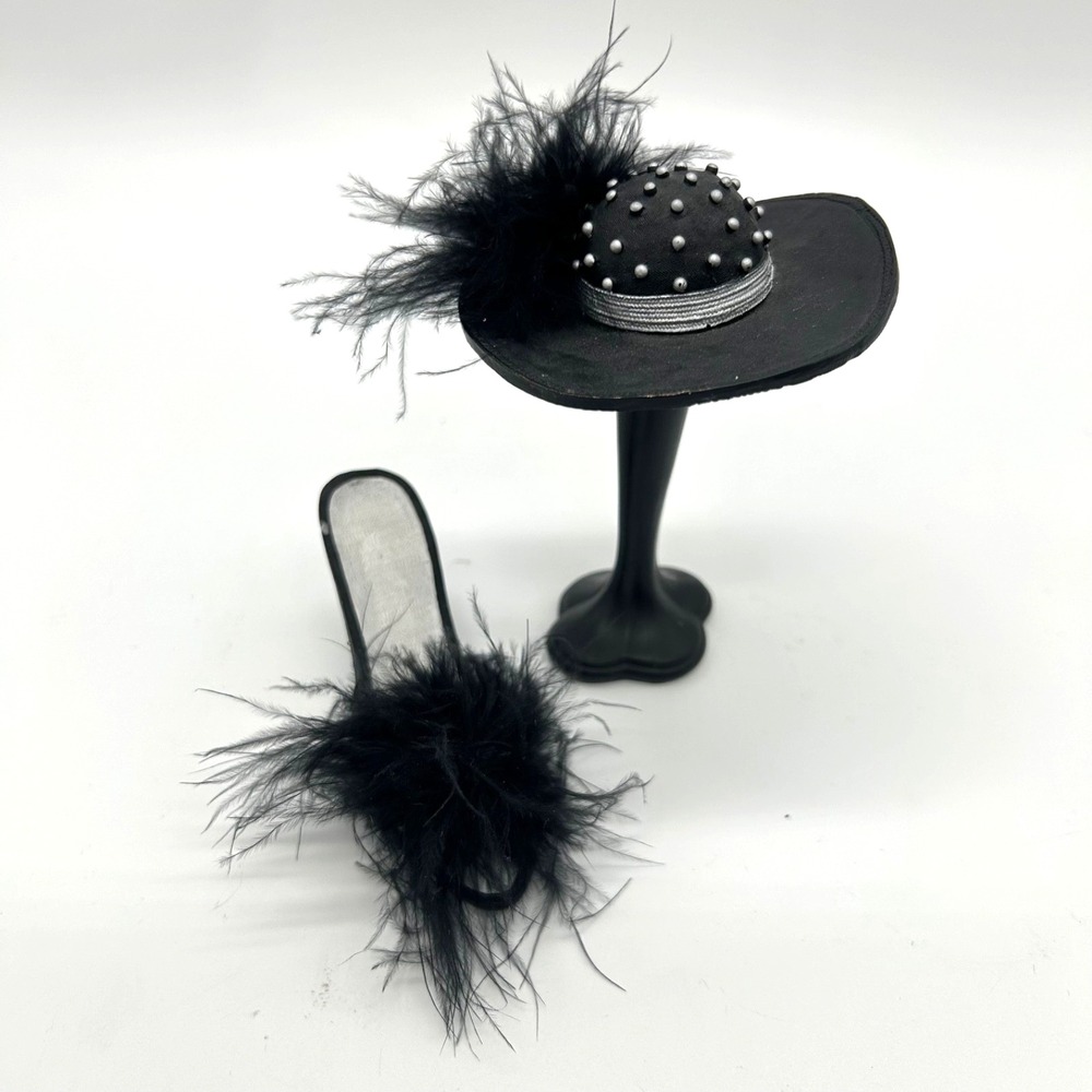Vintage Miniature Set of 2 Shoe‎ Hat and Stand Collectible Black Feathers